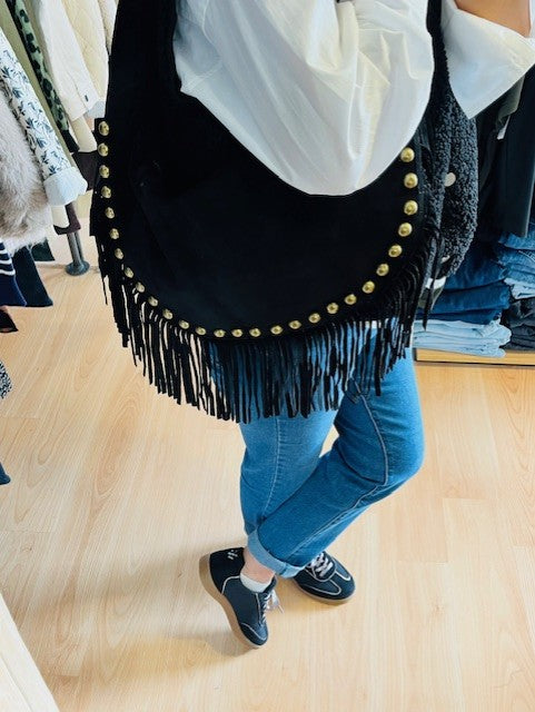 Sac à franges en cuir noir Jessy