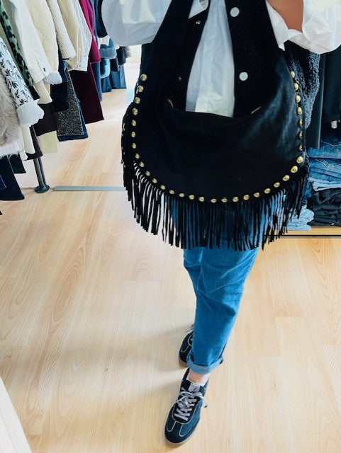 Sac à franges en cuir noir Jessy