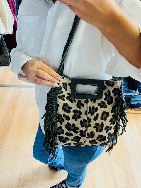 Sac en cuir daim kaki imprimé léopard John